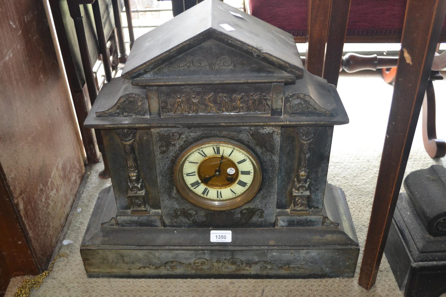 Large 19th Century black slate and gilt metal mounted mantel clock, the gilt and enamel dial with