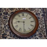 19th Century circular mahogany wall clock, the 12in painted dial with Roman numerals and a single