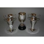 Pair of early 20th Century Sheffield silver two handled vases engraved with Latin motto and a dove