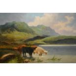 Early 20th Century oil on canvas applied to board, Highland cattle watering, in original gilt frame,