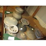 Four antique pottery pedestal vessels, three with covers, box of flint scrapers and fossils, seven