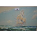 1930's Gouache, clipper in high seas, unsigned, inscribed to the mount, ' With a Wind Upon the Beam,
