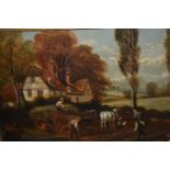 Pair of 19th Century oils on canvas, harvesting scenes in Yorkshire, 8.5ins x 12.5ins, gilt framed