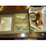 Simulated tortoiseshell dressing table set, small hand coloured map of Northumberland and a pair