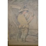 Gilt framed coloured pencil drawing in the manner of George Morland, farm worker sharpening a