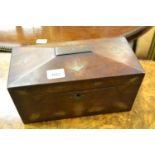 19th Century rosewood brass inlaid sarcophagus shaped tea caddy (for restoration)