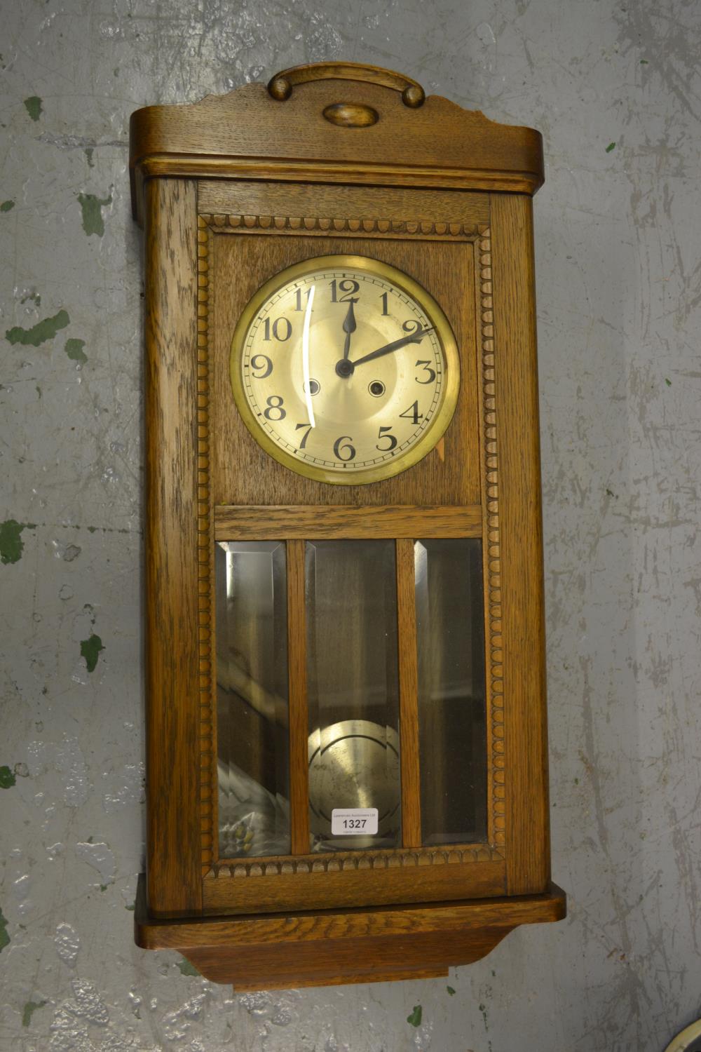 Mid 20th Century oak cased Vienna style wall clock having circular dial with Arabic numerals and two