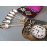 Silver cased open face pocket watch, silver Albert, silver Foresters medallion and six Georgian