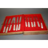 Cased set of six silver plated and mother of pearl dessert knives and forks
