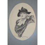Fortunino Matania, signed charcoal drawing portrait of a young lady, unframed, oval
