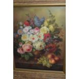 20th Century oil on panel, still life with flowers and fruit on a marble ledge, 20ins x 16ins,