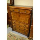 19th Century Continental figured walnut escritoire with a long drawer above a fall front enclosing a