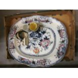 Box containing a quantity of various ceramics including a large floral decorated meat plate, Toby