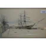 Robert Micklewright, pair of ink and watercolour, studies of the Cutty Sark at Greenwich in dry