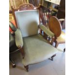 Late Victorian walnut drawing room armchair together with a small mahogany drop-leaf Sutherland