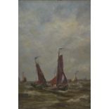 Hugh S Hemsley signed oil, fishing smacks off the English coast, 15ins x 13ins