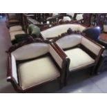 Reproduction Indian hardwood three piece drawing room suite, the shaped carved backs above cream
