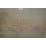 20th Century watercolour, moored shipping in Venice lagoon, unsigned (at fault), oak framed, 16ins x