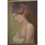 Early 20th Century oil on canvas board, half length portrait of a semi nude female indistinctly