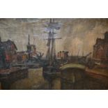 Unframed oil on canvas, boats in a harbour at dusk, indistinctly inscribed on old label verso,