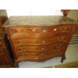 19th Century French walnut serpentine fronted commode chest, the marble top above four long drawers,