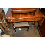 Reproduction yew wood drop-leaf sofa table together with a similar standing corner cabinet