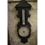 Victorian carved oak aneroid barometer / thermometer