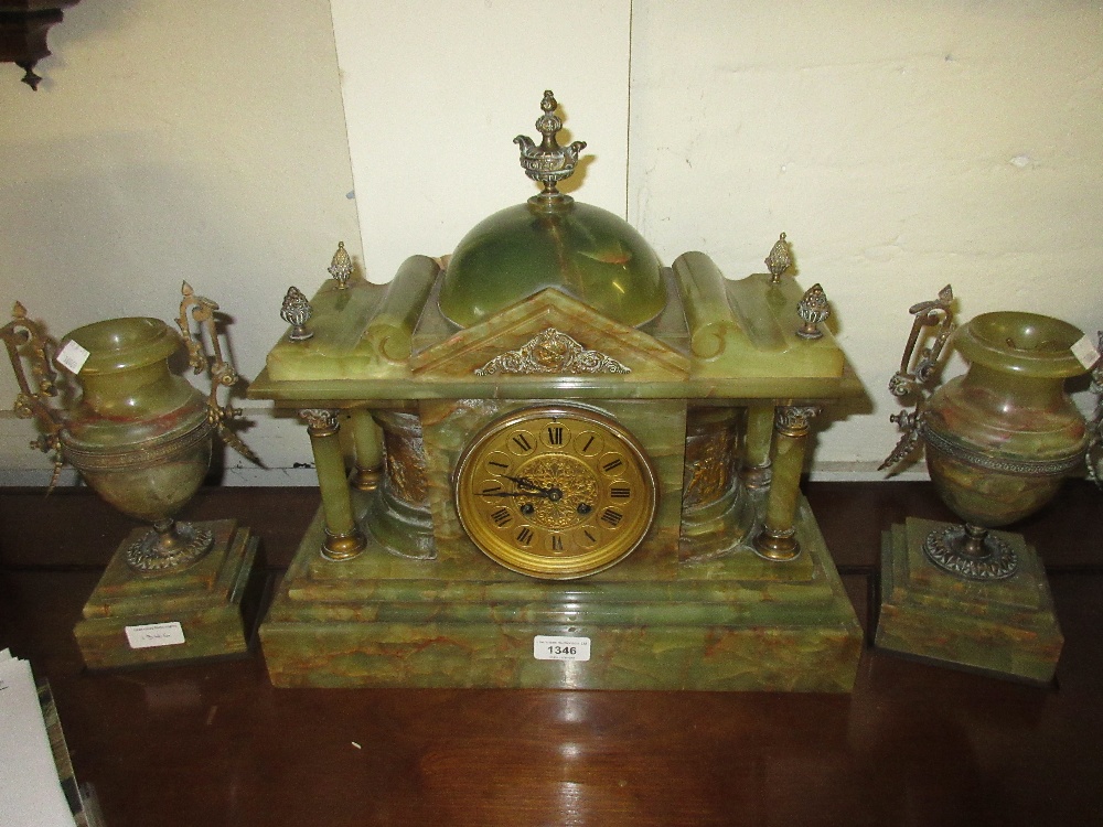 Late Victorian green onyx clock garniture with gilt metal mounts, the gilded dial with Roman - Image 3 of 6