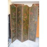 19th Century leather four fold draught screen, each panel painted with fruit and flowers (at fault)