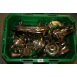 Box containing a quantity of various silver plated condiments, three piece plated tea set and