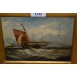 19th Centruy oil on canvas, maritime scene with fishing boats and hulk at anchor, 6ins x 8ins