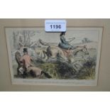 Set of six framed coloured engravings, hunting scenes