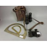 Leather cased pair of French binoculars, another pair of binoculars and two protractors by Ross