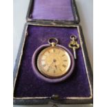 19th Century Continental 18ct gold cased key wind fob watch, the gilded dial inscribed Farringdon
