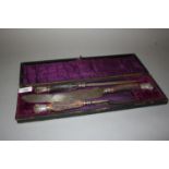Silver mounted stag horn three piece carving set in case