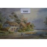 L. Watts, 19th Century watercolour, shepherd and flock before thatched cottages, signed, 7ins x 10.
