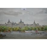Robert Micklewright, watercolour, Victoria Embankment on the Thames with various shipping, signed,