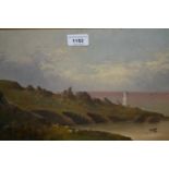 19th Century oil on card, coastal landscape with various shipping and lighthouse, indistinctly