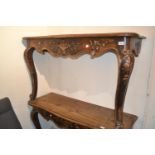 Pair of 19th Century French walnut and gilded wall mounted serpentine fronted console tables, on