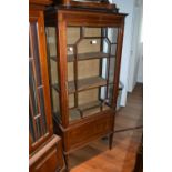 Edwardian mahogany line inlaid display cabinet, the single bar glazed door above a panelled fall