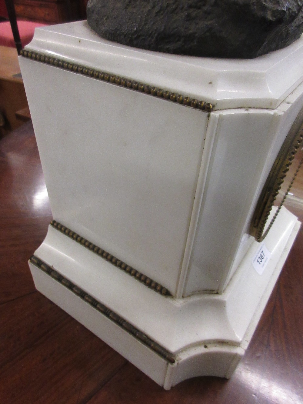 19th Century French white marble and spelter mounted mantel clock, the pillar shaped case with an - Image 10 of 10