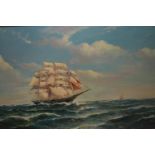 Early 20th Century oil on canvas, three masted sailing ship in heavy seas, signed indistinctly,