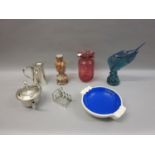 Cranberry glass flared rim vase, Murano two handled glass vase, Avon perfume bottle in the form of a