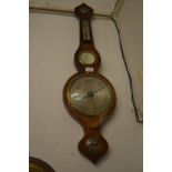 Mahogany and inlaid banjo shaped wheel barometer / thermometer by Solca, East Grinstead