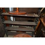 19th Century oak Gothic style open bookcase together with a mahogany and pine three shelf wall