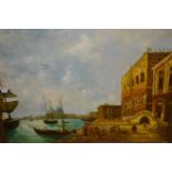 20th Century oil on canvas, figures and boats in Venice, gilt framed, signed Baillie, 19ins x 23ins,