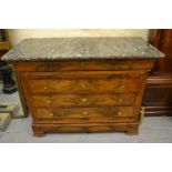 19th Century Continental walnut commode having grey flecked marble top above a single frieze