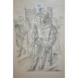 Dame Laura Knight, charcoal sketch study of soldiers, signed, 14ins x 9.5ins, framed