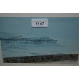 Robert Micklewright, watercolour, misty morning at Brighton Pier, bearing label verso, 5ins x 8ins