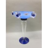 Continental blue and clear Art Glass pedestal tazza decorated with stylised roses